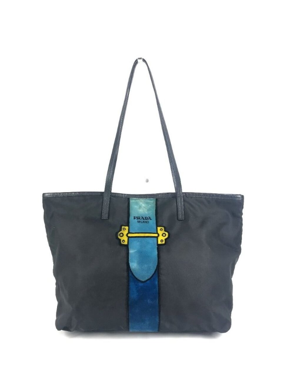 Prada Tote Kaietron Pull Belt Logo Stripe Leather Nylon Black - Picture 1 of 9